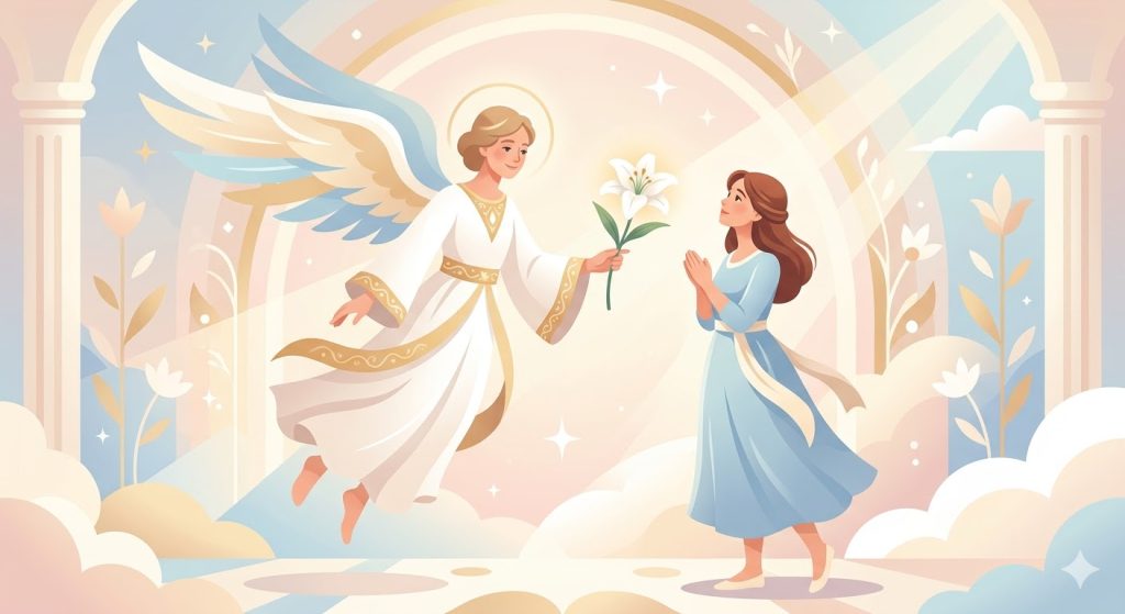 Dios te salve María (Ave María) - un lirio blanco ofrecido por una mano angelical a una joven